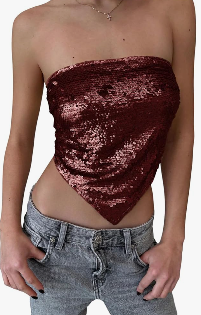 MakeMeChic Women's Sequin Sparkly Tops Rave Backless Strapless Tube Top Clubwear M