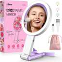 LitBear Travel Makeup Mirror with Light, Rechargeable Double-Sided 10X/1X Magnifying Mirror, Portable Lighted Beauty Mirror, 3 Color Lighting, Dimmable Touch Screen, Tabletop Handhold Hanging (Purple)