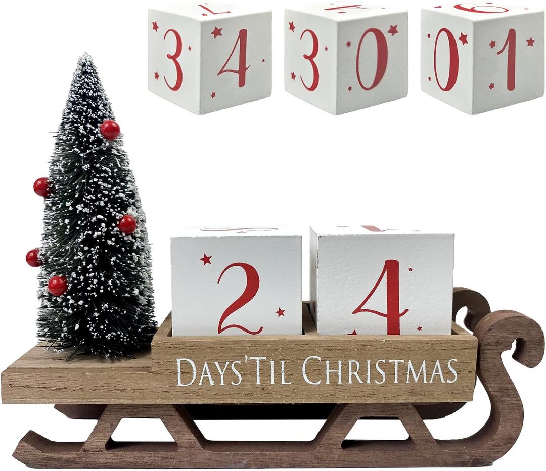 HOMirable Christmas Countdown Blocks Santa Sleigh Advent Calendar 99 Days Christmas Tree Decorations Wooden Farmhouse Rustic Sign Xmas Party Holiday Dcor for Home Living Room, Mantel, Tiered Tray
