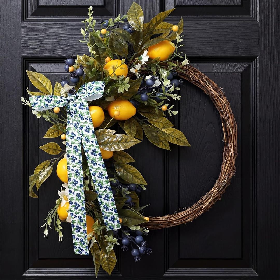 Suncalla 20 Inch Summer Lemon Wreath for Front Door with Artificial Blue Berry Bow Farmhouse Spring Summer Decor for Home Porch Window Wall Wedding Party Indoor and Outdoor