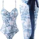 Women's One Piece Swimsuit with Cover Up Sarong Swimsuits for Women Printed Bathing Suit with Cover Up Set Wrap Slimming Two Piece Bathing Suit A Blue Floral, XX-Large