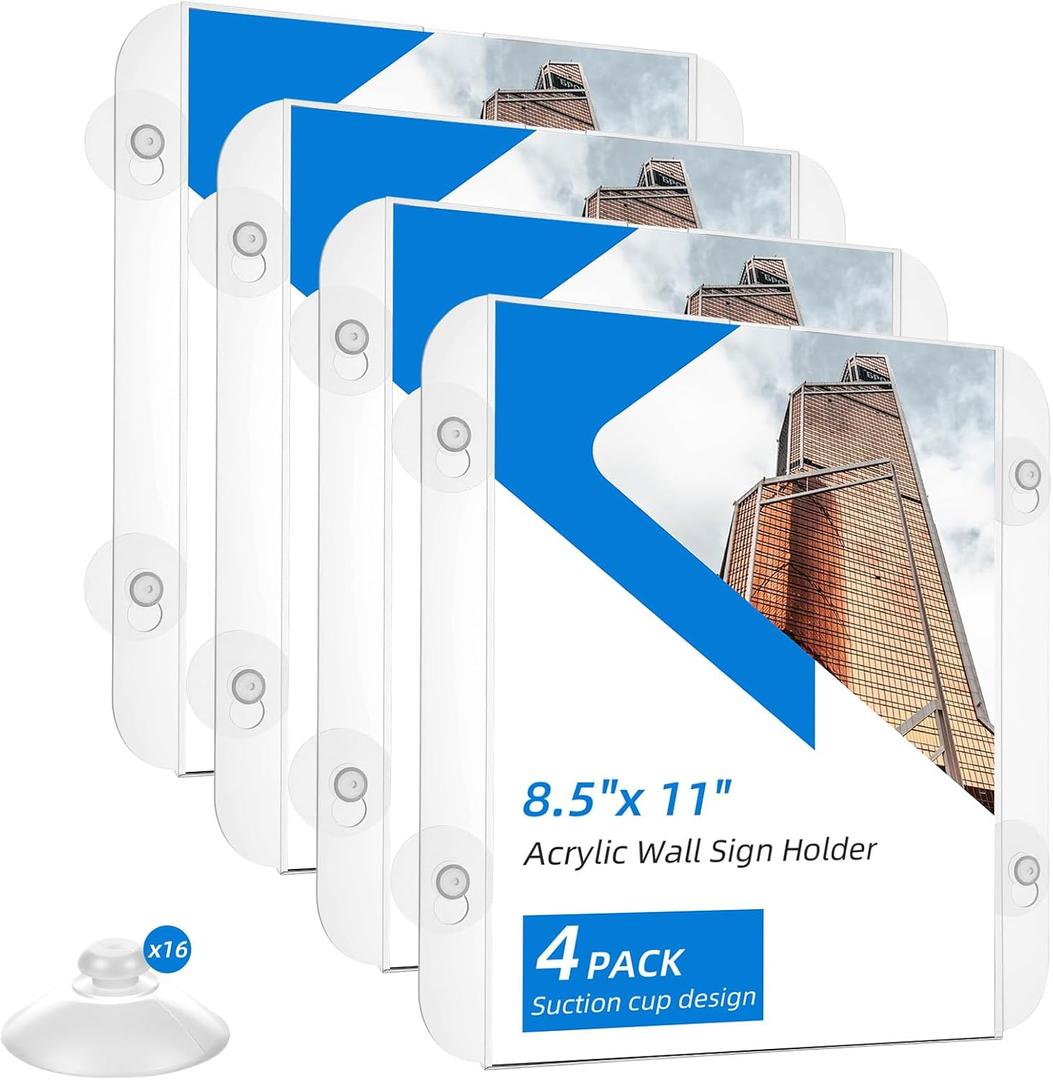 4 Pack Acrylic Window Sign Holder 11x8.5 Inch with 16 Suction Cups, Glass Door Wall Mount Advertising Signage Sign Frame for Office, Store, Restaurant, Home