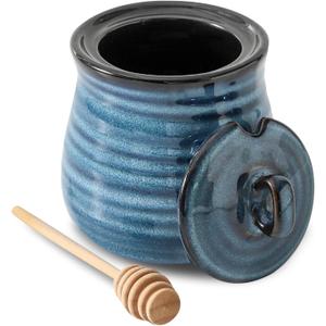 Ceramic 12 Ounce Honey Jar and Dipper Set,Porcelain Honey Pot with Lid and Wooden Dipper,Cute Honey Containers for Party,Holiday,Halloween Favors,Farmhouse Kitchen Decor,Dishwasher Safe,Blue