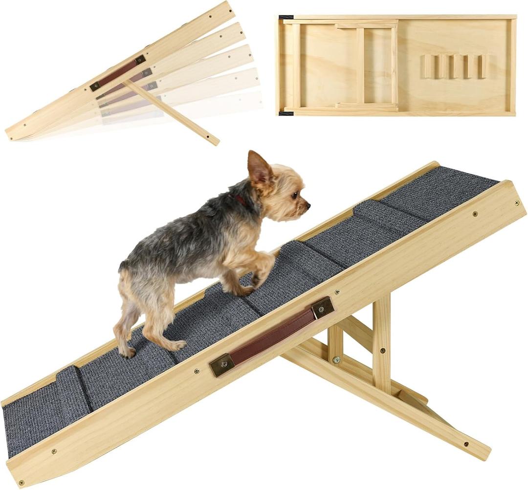 Upgraded Dog Ramp for Couch, Foldable Small Dog Pet Ramp for Low Bed, 5 Adjustable Height from 12'' to 20" Dog Stairs with Non-Slip Pad, 13.8" Wide Wooden Pet Steps for Dogs to Get on Bed Couch Car