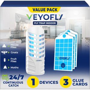 VEYOFLY Fruit Fly Trap Indoor (1 Device + 3 Refills), Gnat Catcher, Plug-in Light Insect Trap for House, Bug Killer (White)