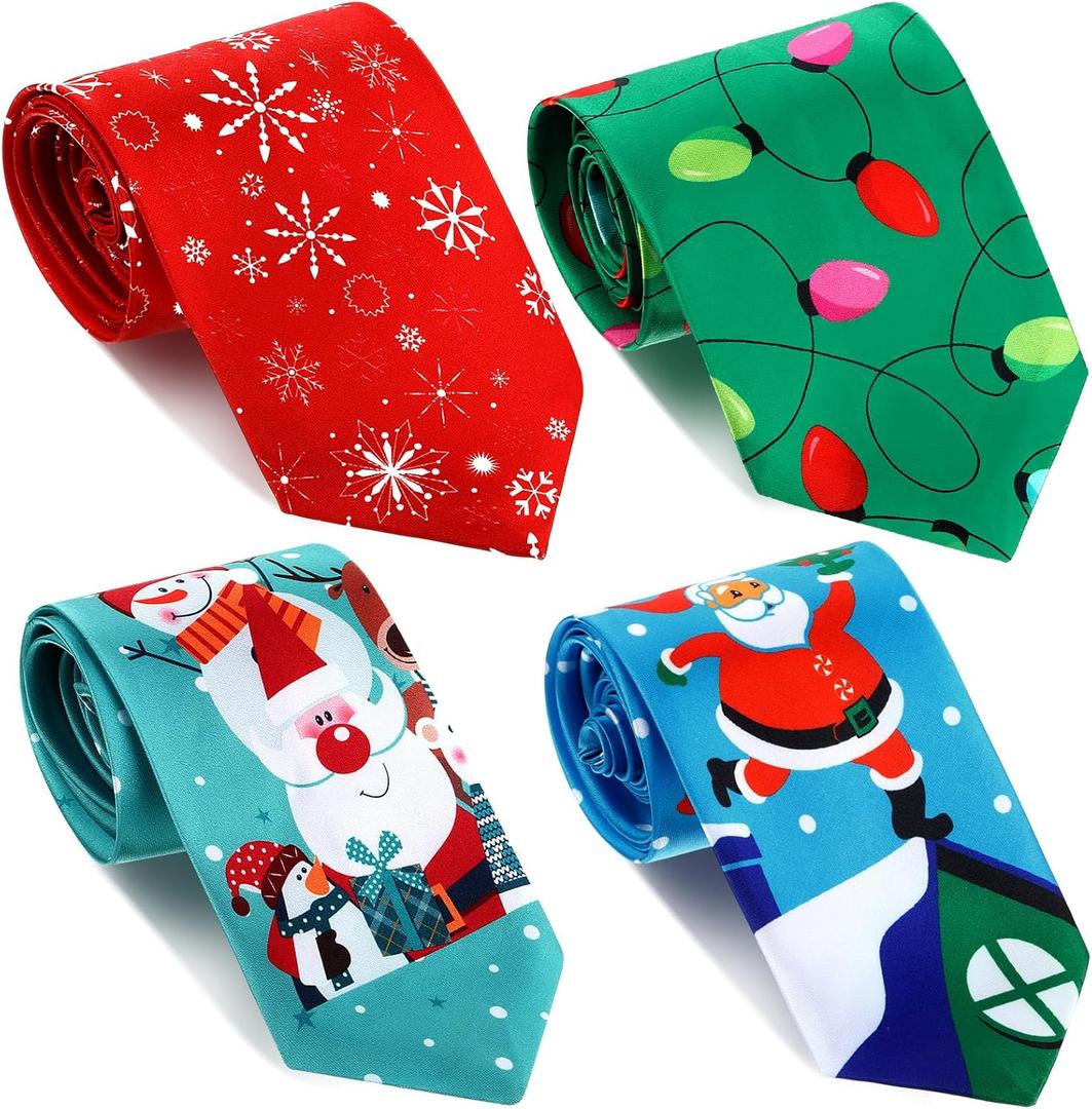 Syhood 4 Pcs Christmas Tie for Men Holiday Season Party Christmas Tree Snowflake Tie Elk Santa Light String Pattern Necktie