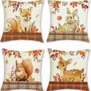 Bonhause Fall Animals Throw Pillow Covers 18 x 18 Inch Fox Deer Squirrel Rabbit Forest Farmhouse Decorative Pillow Cases for Couch Sofa Bed Home Decor Set of 4