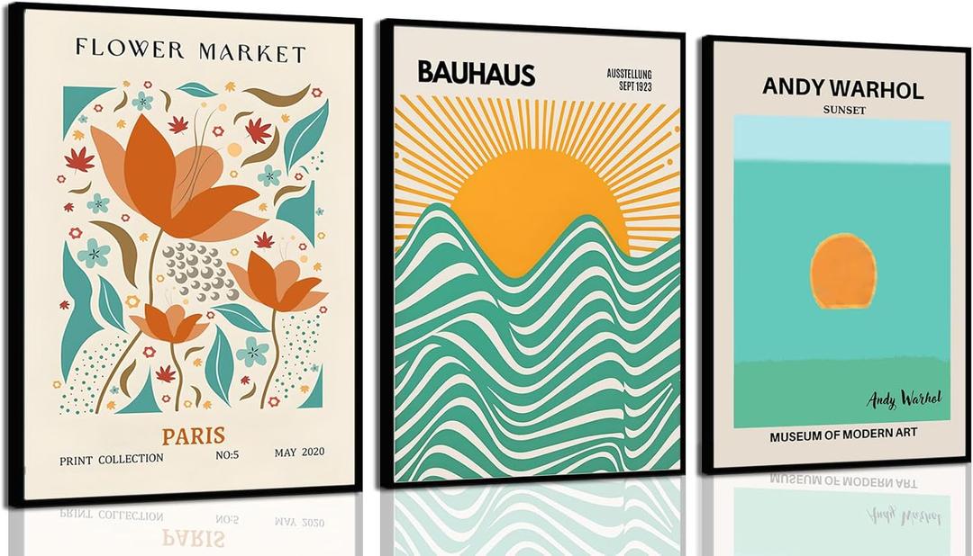 3Pcs Bauhaus Mid Century Modern Wall Art Retro flowers Exhibition Canvas Posters Prints Green Orange Boho Geometric Minimalist Wall Decor Sun Waves Shapes Abstract Pictures for Bedroom Living Room