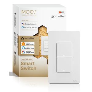 MOES Smart Double Light Switches, Matter-WiFi 2 Gang Single Pole Switch, Netural Wire Required, 2.4GHz Switch Combo Compatible with Alexa Google Assistant, Remote Control