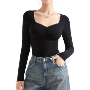 SUUKSESS Women Sweetheart V Neck Long Sleeve Tops Lace Trim Ribbed Modal Fall Going Out Shirts (Large, Black)