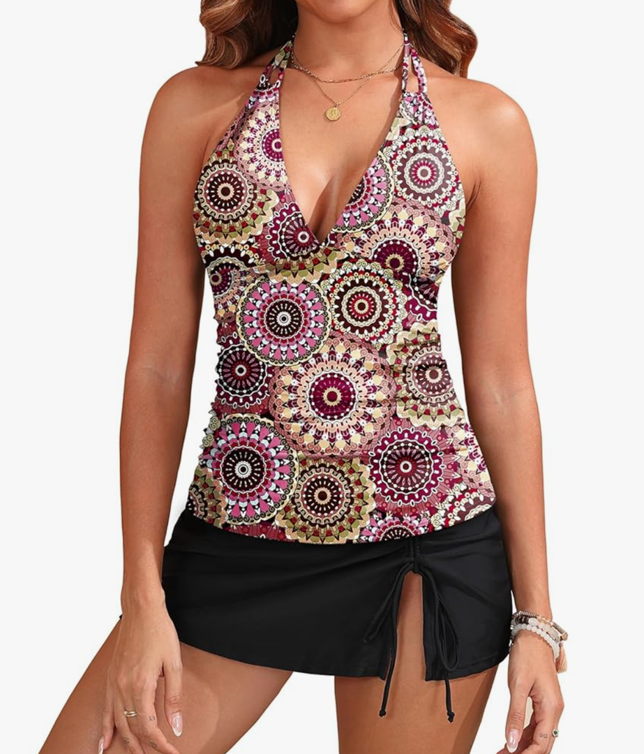 Yonique 2 Piece Swimsuits for Women Halter Tankini Top with Skirt Bottom Tummy Control Bathing Suit, L