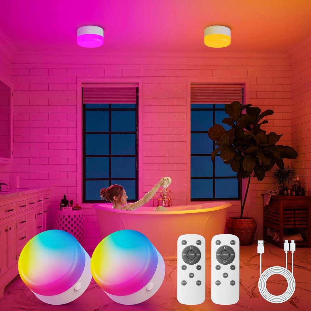 Rechargeable Shower Light with Silicone Cover, 4000mAh, RGBW, Cordless Waterproof LED Shower Lights for Inside Shower, Remote Control & Magnetic Mount, Shower Lamp for Bathroom Closet Bedroom, 2 Pack