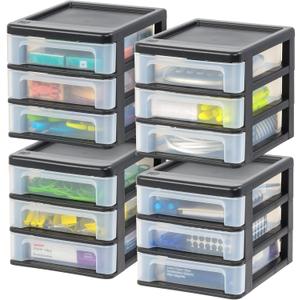 IRIS USA Plastic Stacking Desk Top 3-Drawer Storage Organizer, 4-Pack, for Makeup Vanity Nail Polish Bathroom Stationery Art Craft Supplies Kitchen Office Garage and Small Organization, Small, Black