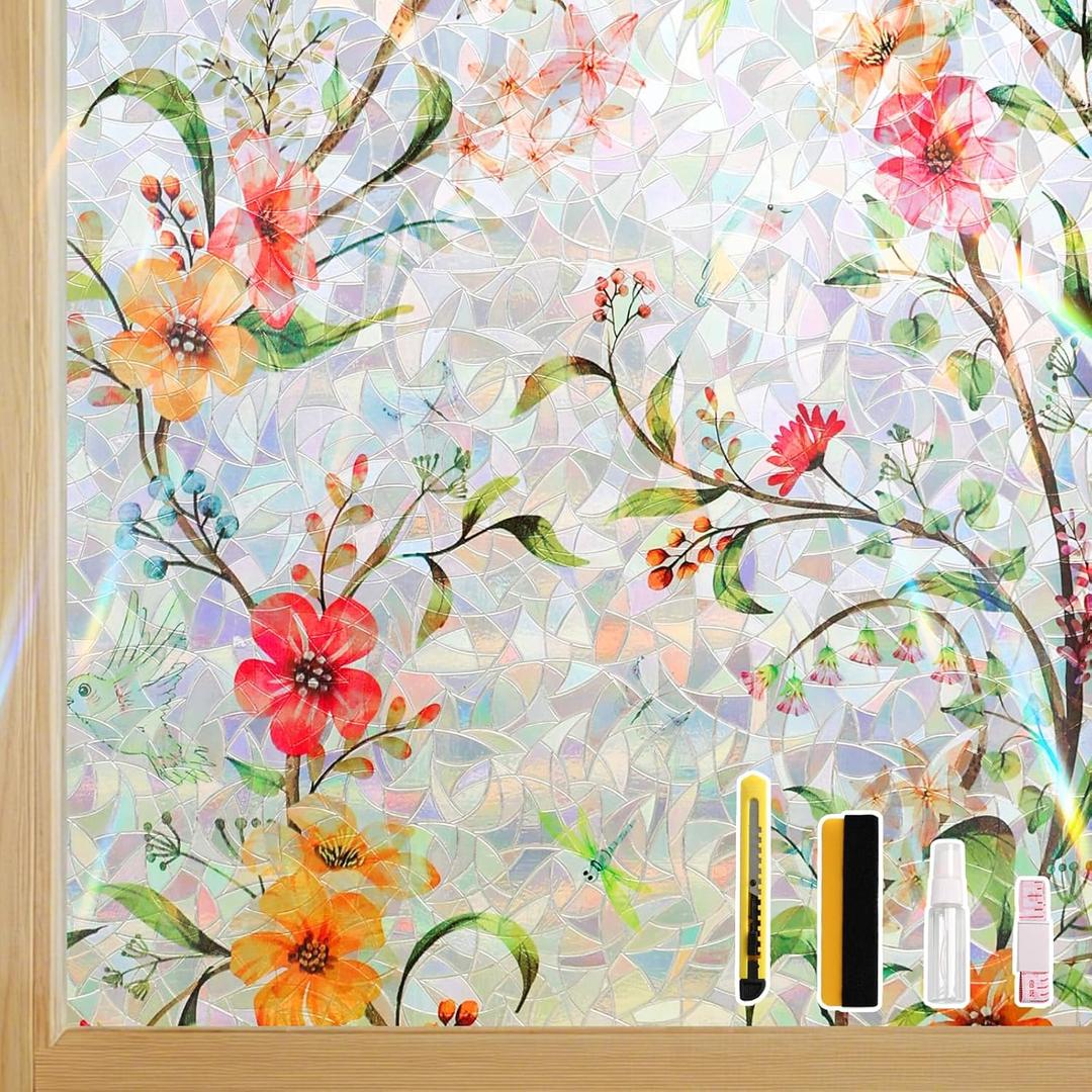 Finnez Stained Glass Window Film with Floral Pattern, Crescent Base and Rainbow Effect, Decorative Static Cling No Glue No Residue 17.5 x 78.7 Inches (Gesang Flower)