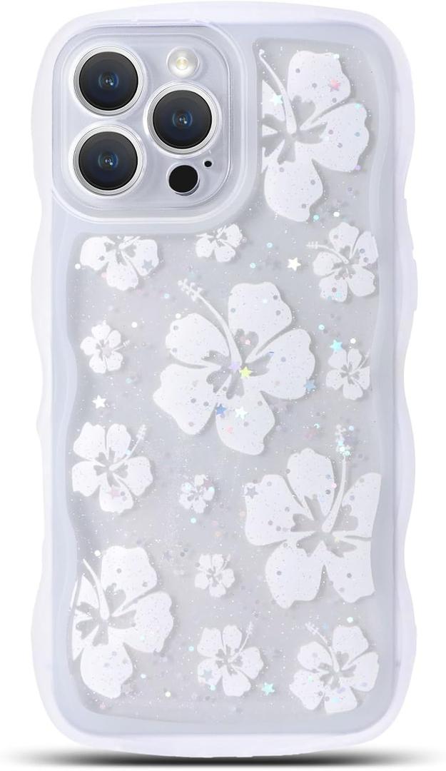 NITITOP Compatible with iPhone 16 Pro Max Case Cute Clear for Women Girls Flower Floral Bling Glitter Sparkling Star Wave Curly Frame Soft TPU Shockproof Camera Protective Cover - White, Pack of 2