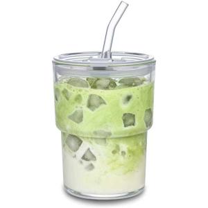 13oz Glass Tumbler with Straw and Lid Sealed, Carry On Reusable Iced Coffee Cups,Thick Wall Glass Coffee Drinking Glassware Cups