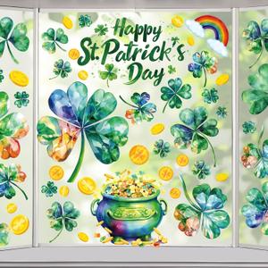 3 x St Patricks Day Window Clings for Glass Windows, Saint Patrick's Day Shamrock Decor, Spring Window Sticker Decal for Gifting and Holidays, 8 Sheets