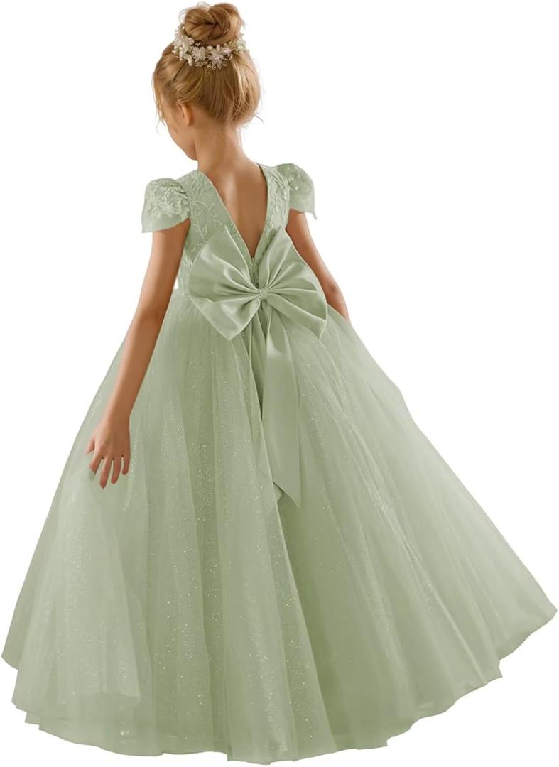 JISISANG Flower Girls Lace Cap Sleeve Dress for Wedding Puffy Tulle Back V-Neck Pageant Prom Ball Gown with Bow (6, Sage Green)
