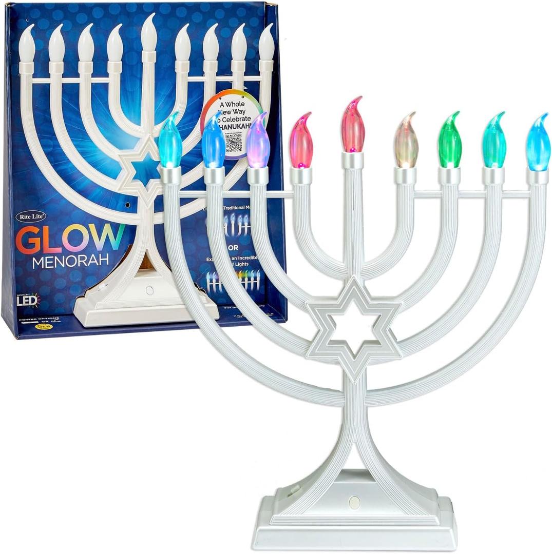Color Changing Lights Menorah Glow, Rainbow Lights Hanukkah LED Electric Powered by AA or USB Push Button Lighting & Multicolor Display Modes Chanukah Jewish Holiday Party Favors Decor 13" H (White)