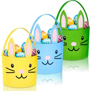 3 Pcs Easter Basket, Felt Cute bunny Tote Bag for Easter Egg Hunts Party Favor Decorations and Candy Gifts Storage (Blue Green Yellow)