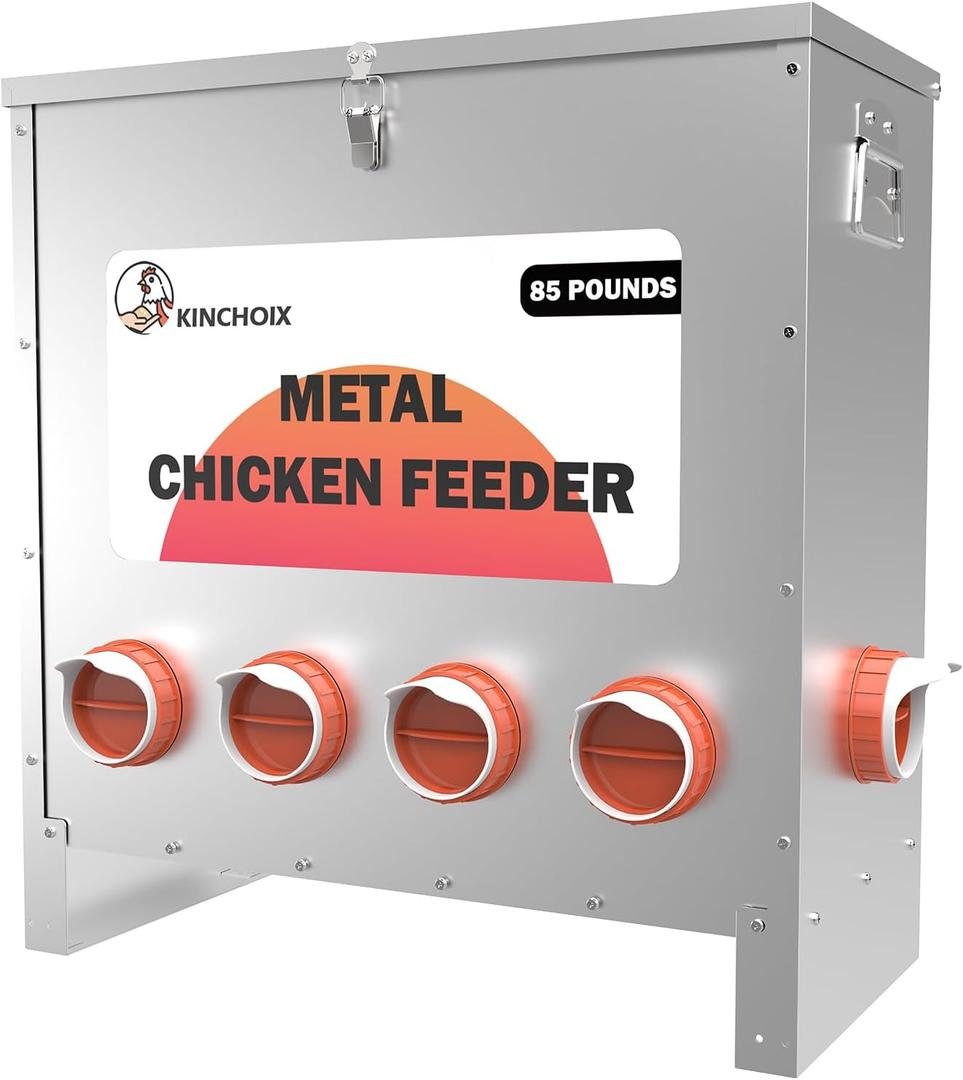 Metal Chicken Feeder Large Capacity 85lbs Automatic Metal Rat Proof Chicken Feeders No Waster Weatherproof Poultry Feeder for Chickens, Geese, Ducks, Turkeys, Quails (10-Port)