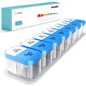Daviky Large Pill Organizer 2 Times a Day - XL Pill Box 7 Day, Big Vitamin Holder with 7 Detachable AM/PM Compartments, Big Supplement Container for Weekly or Daily Use (Blue)