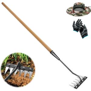Gardenia Iron Weeding Rake, 2.0 Iron Weeding Rake with Long Handle, 6 Teeth Heavy Duty Weed Puller Tools for Gardening, Weedings ,Lawn
