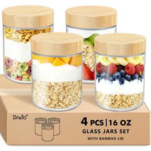 DRKIO 16 Oz Overnight Oats Containers with Bamboo Lids - 4 Pack Glass Storage Jars with Airtight Lids Wide Mouth Mason Food Jars Great for Meal Prep Salad Chia Pudding Snacks Yogurt Sugar Spice Cereal