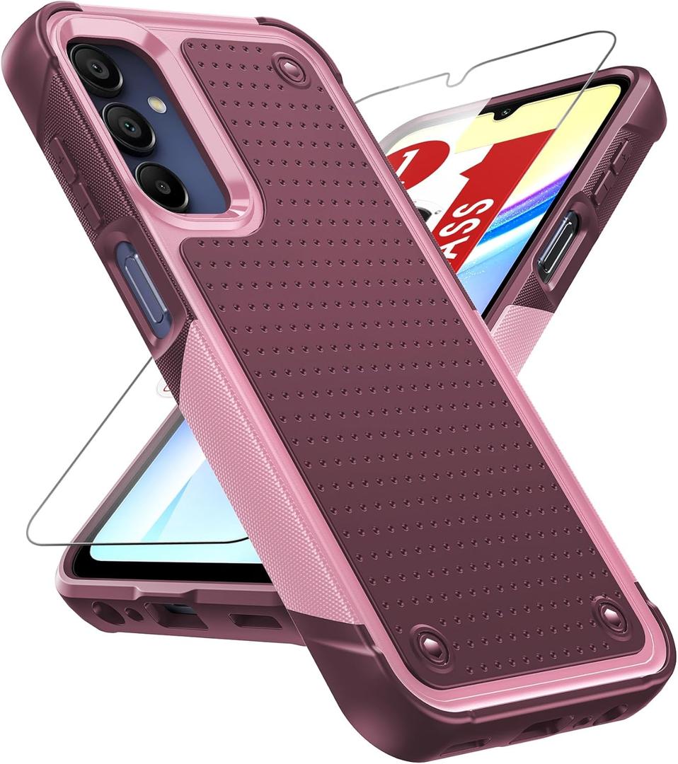 LeYi for Galaxy-A15-5G Phone Case: Samsung Galaxy A15 5G Case with Screen Protector, Dual Layer Protective Hard PC Back & Soft Bumper Resilient Shock Absorb Case Cover para Samsung A 15 5G, Red Pink