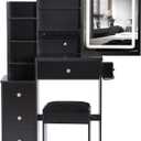 Modern Black Makeup Vanity Set with LED Lights,5 Drawers,Open Shelves,Blower Machine Holder,Solid Wood Vanity Desk with Mirror and Chair for Bedroom,Black