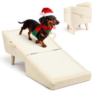 Dog Stairs for Small Dogs and Cats  2-in-1 Dog Ramp for Couch and Low Bed, 16.5'' Foldable Wooden Pet Ramp, Sturdy Multi-Use Split Ottoman Design, Beige