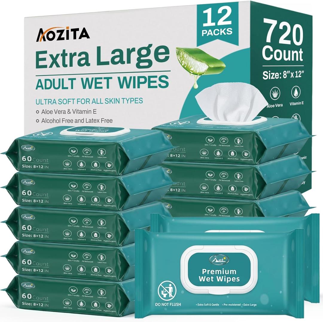 720 Count (12 Packs of 60) Wipes for Adults, 8" x 12" Extra Large Wet Wipes for Incontinence & Cleansing, Disposable Body Shower & Bath Wipes for Elderly Bathing No-Rinse - Vitamin E & Aloe