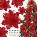 16 PCS Poinsettia Flower Artificial Poinsettias with Clips Christmas Decor Glitter Poinsettia Christmas Ornaments Xmas Tree Flower Decorations with Stems DIY Xmas Wreath Holiday Home Party Decor (Red + Red)