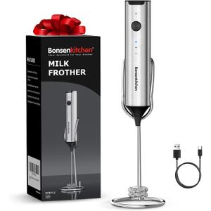 Bonsenkitchen Rechargeable Milk Frother with Stand, 3-Speed Handheld Coffee Frother, Dual Spring Whisk Electric Hand Frother Wand Drink Mixer for Matcha Lattes Cappuccino, Kitchen Gifts