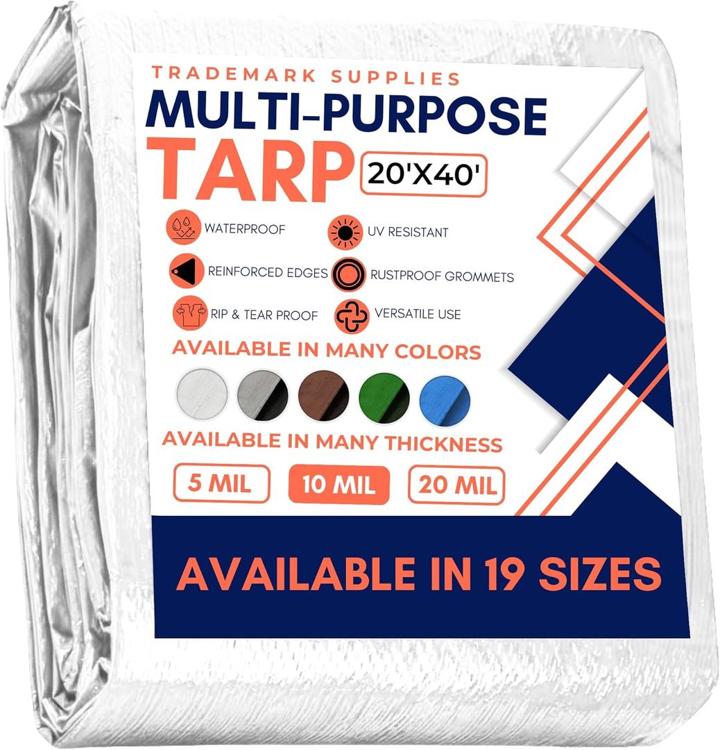 Large Waterproof Tarp - Heavy Duty 10 Mil Thick Poly Tarpaulin Ideal for Canopy Tents, Boats, RV or Pool Covers - Multipurpose Protective Tarps with Grommets for Indoor and Outdoor Use | 20' x 40'