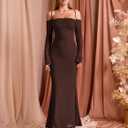 EYNMIN Women's Fall Wedding Guest Dresses Long Sleeve Spaghetti Strap Mesh Ruched Bodycon Maxi Formal Dress (Brown, M)