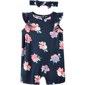 Baby Girl Romper 100% Cotton Breathable Soft with Headband, Sleeveless Summer Outfits for Newborn Infant 0-24 Months