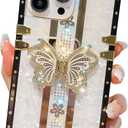 Cute Compatible with iPhone 15 Pro Max Case, Luxury Bling Butterfly Design with Foldable Stand Kickstand for Women & Girls, Flexible Shockproof Protective Case 6.7 (White)