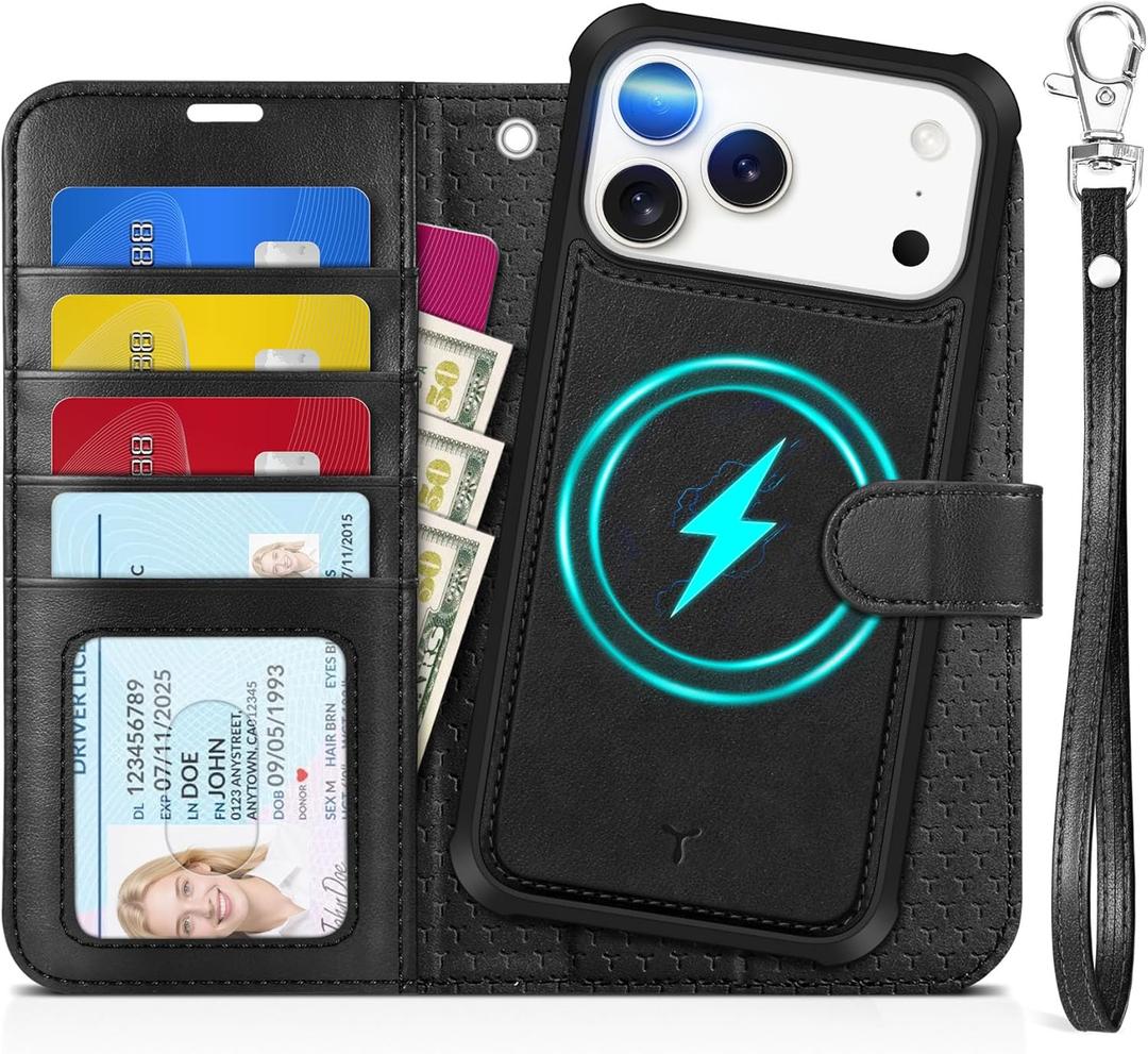 TUCCH 2-in-1 Detachable Wallet Case for iPhone 17 Pro Max (6.9") 2025, Wireless Charging | RFID Blocking 4 Card Holder | Wrist Strap | Kickstand | Magnetic | PU Leather | Protective Flip Cover | Black