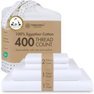Threadmill Egyptian Cotton Queen Sheet Set | 100% Certified Egyptian Cotton Sheets for Queen Size Bed | Queen Bed Sheets Set with Snug Fit 16" Deep Pocket | Soft Cooling Sateen Bedding Set | White