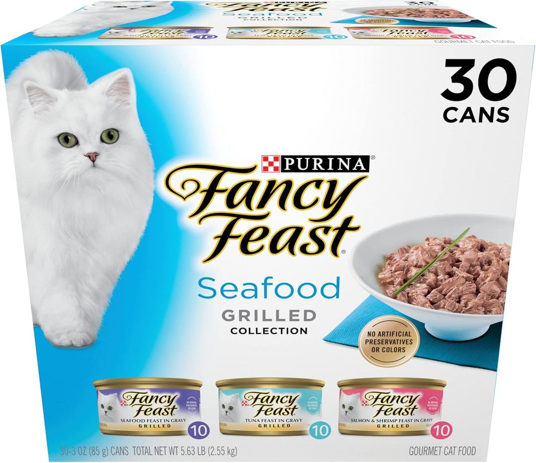 Purina Fancy Feast Grilled Wet Cat Food Seafood Collection in Wet Cat Food Variety Pack - (Pack of 30) 3 oz. Cans, Best By: Mar 2026
