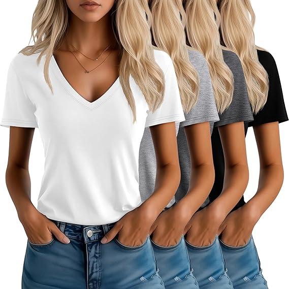 Neer 4 Pack Women's V Neck T-Shirts Short Sleeve Summer Casual Tops Loose Fit Flat Hem Plain Basic Tees, M