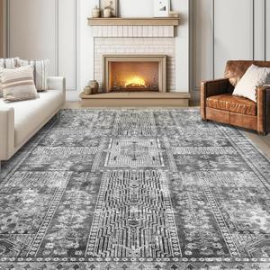 Vintage 9' x 12' Washable Area Rug - Stylish Indoor Rug for Living, Dining or Bedroom - Lightweight Carpet with Non-Slip Backing - Foldable for Easy Placement and Maintenance - Grey (9' x 12' (Rectangular), Vintage-grey)