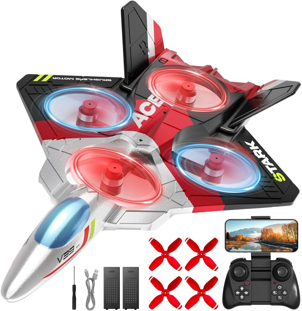 4DRC V39 RC Plane with Camera for Adults Kids, RC Airplane Fighter Jet 2.4GHz RTF Glider Aircraft Plane Toys, Waypoint Functions, Altitude Hold, Gesture Selfie,3D Flips,2 Batteries, Red