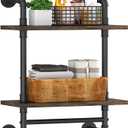 Helsin Industrial Pipe Floating Bathroom Shelves Wall Mounted with Towel bar, 2 Tier Rustic Wood Wall Shelf, 16inch Metal Towel Rack Storage Bookshelf for Bathroom, Kitchen, Farmhouse, Living Room