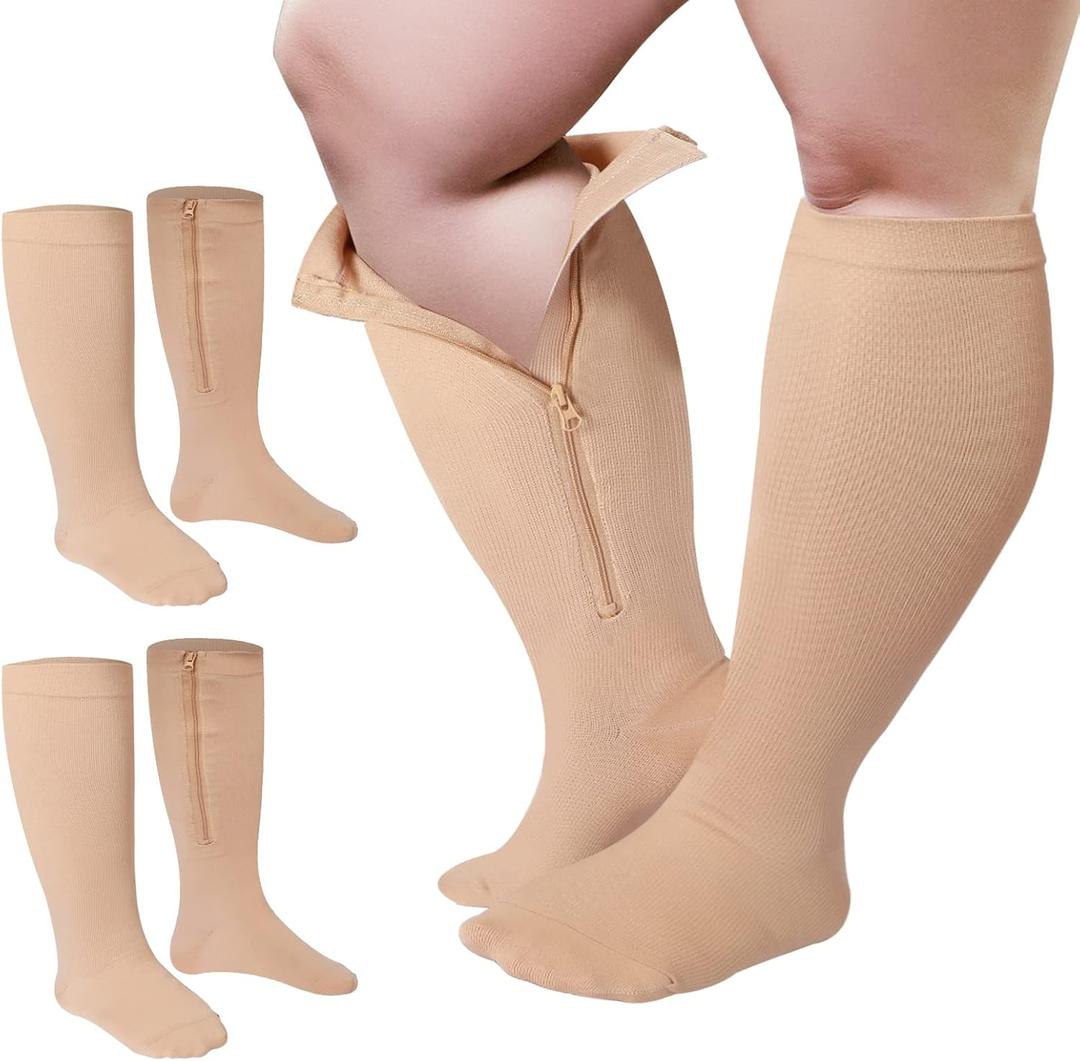 Hillban 2 Pair 15 - 25 Mmhg Wide Plus Size Calf Zipper Compression Socks for Women Men, Beige L-XL