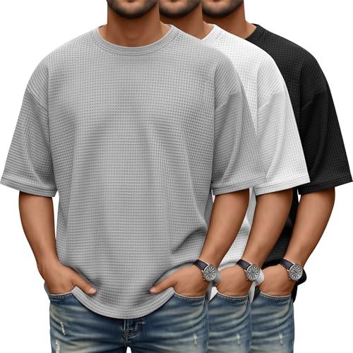 Velvelhall 3 Pack Men Waffle T Shirts Oversized Half Sleeve Crewneck Pullover Tees Short Sleeve Loose Fit Workout Casual Tops(Black, White, Light Gray,Large)