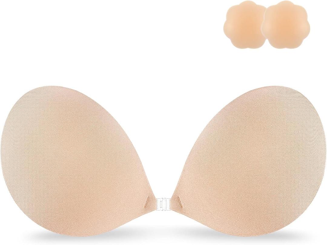 Niidor Adhesive Bra Strapless Sticky Invisible Push up Silicone Bra for Backless Dress with Reusable Nipple Covers (Nude, G) 