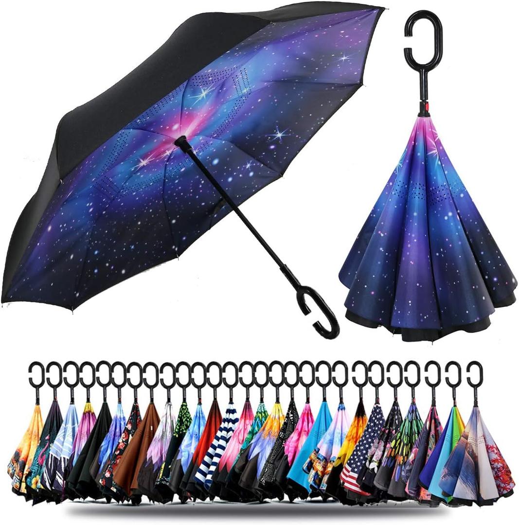 SIEPASA 49/56 Inch Inverted Reverse Upside Down Umbrella, Extra Large Double Canopy Vented Windproof Waterproof Stick Golf Umbrellas with C-shape Handle. (49 Inch, A-the Galaxy)