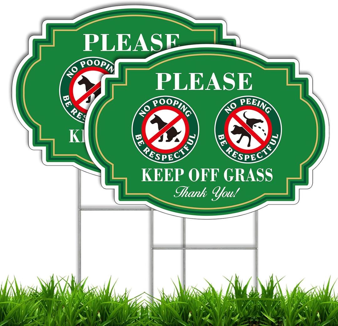 2 Pack Keep Off Grass Sign with Metal H-Stake, 14"X10" Dog Signs No Pooping and Peeing, be respectful to your lawn yard, Double Sided, Corrugated Plastic, Waterproof, Outdoor Use